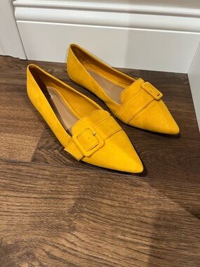 Pointed Buckle Flats in Mustard Yellow Suede